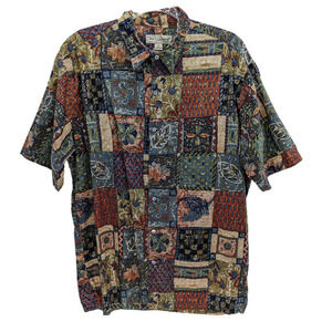 Vintage Tori Richard Large Shirt Mens Hawaiian USA Tan Blue Abstract Cotton Lawn